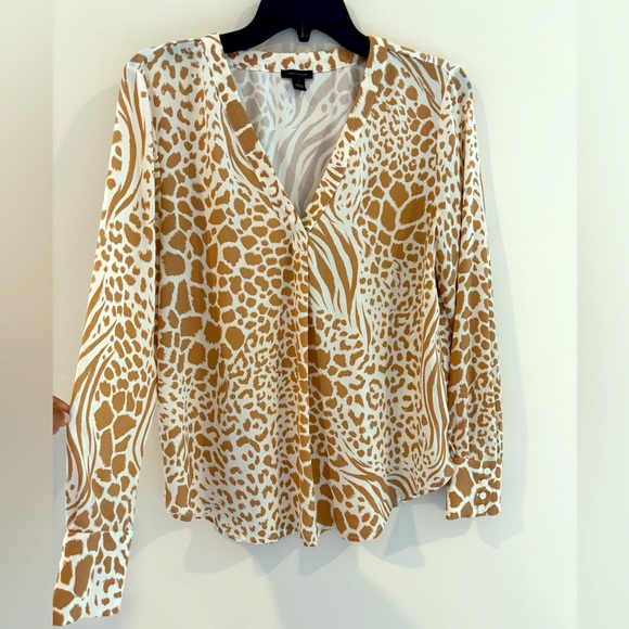 Ann Taylor Brown Cream Animal Print Long Sleeve Women’s Blouse Top S - Picture 2 of 8